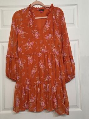 Vince Camuto Orange Floral Ruffle Tiered Dress - Size Small
